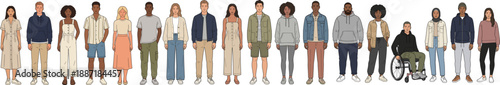 Vector illustration of large diverse group including men women children and wheelchair user showing inclusive community family society and everyday people characters.