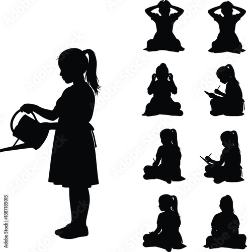 Set of Black Silhouettes Showing a Girl Watering a Plant and Sitting in Different Poses Studying or Thinking on a White Isolated Background