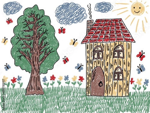 Like children like hand drawn digital illustration house tree summer day flowers butterflies lovely picture