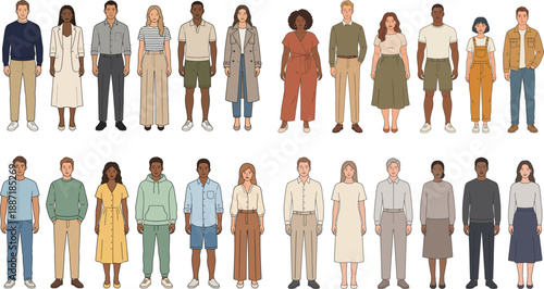 Flat vector illustration of diverse men and women standing together wearing casual and traditional clothing representing multicultural society teamwork diversity and everyday people.