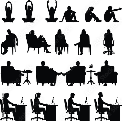 Large set of black silhouettes featuring people sitting at desks working on computers relaxing in chairs and practicing yoga isolated on white background