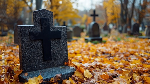 A black granite headstone with a cross in a cemetery covered in autumn leaves during Lent or Holy Week