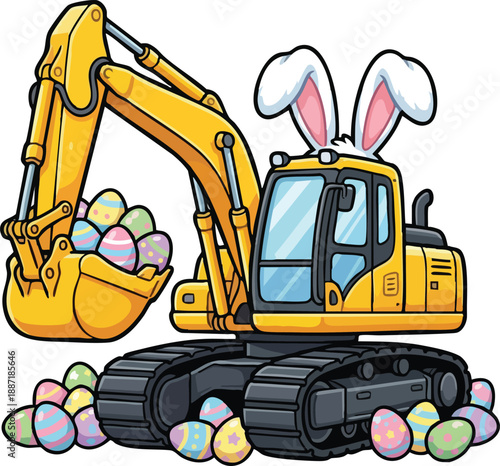 Cute Easter Bunny Excavator with Eggs – Funny Construction Machine Illustration