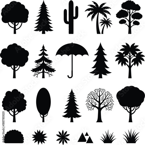 Large collection of black silhouettes featuring various trees pine cactus palm umbrella and grass isolated on white background for nature landscape and architectural design