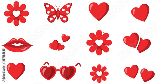 Cute red heart icons set with butterfly, flowers, lips and sunglasses, romantic love illustrations for Valentine’s Day designs isolated on white background