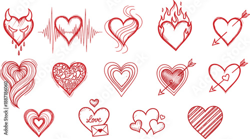 Hand drawn red heart icons collection with romantic love symbols, flame hearts, arrow hearts, doodle style illustrations for Valentine’s Day designs