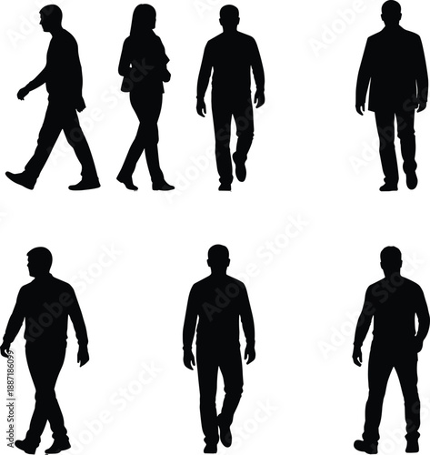 Set of black silhouettes of people walking and standing in different poses isolated on white background for architectural visualization urban lifestyle