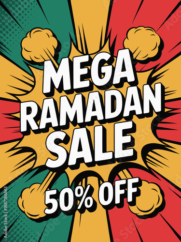 Bold comic pop banner with Mega Ramadan Sale and 50 percent off