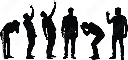 Set of black human silhouettes featuring diverse people in various poses including communication conflict education family life and nature conservation vector illustration collection