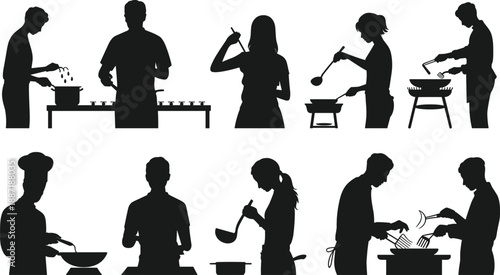 Cooking people silhouettes set, chefs and home cooks preparing food, kitchen activity scenes, black outline figures, culinary lifestyle concept, professional and domestic cooking, isolated 