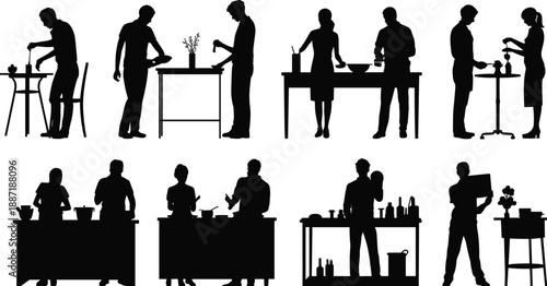 Kitchen and workshop people silhouettes cooking serving barista florist activities cad drawing flat vector illustration set isolated black lifestyle collection