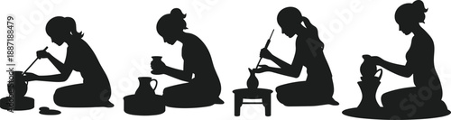 Women pottery making silhouettes female artisans shaping clay handmade traditional craft process cad drawing flat vector illustration set