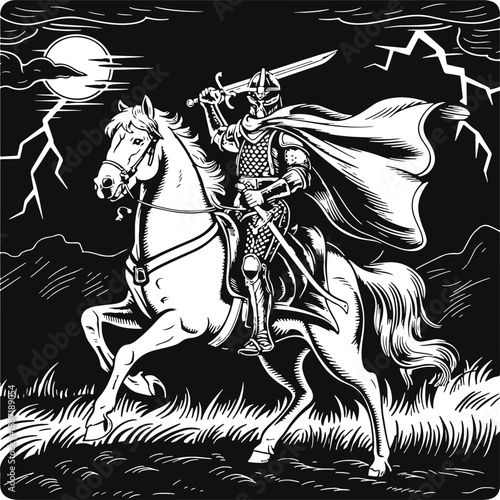 A knight in a cloak with a sword in his hand riding a horse against the backdrop of a night storm. Vector monochrome illustration for tarot cards