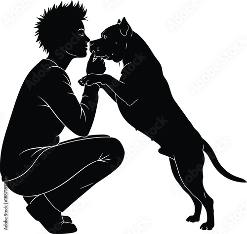 Silhouette of woman bonding with dog, emotional connection between human and pet, love, trust and companionship isolated on white background