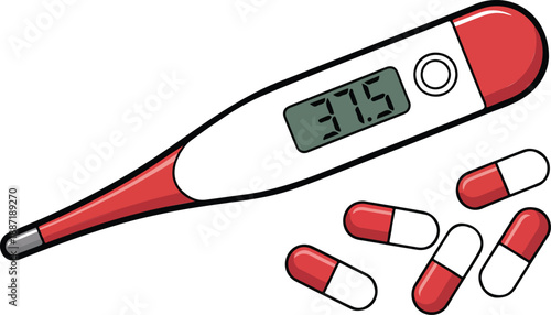Digital Thermometer and Medication Illustration 37.5°C Fever Check with Red Capsules