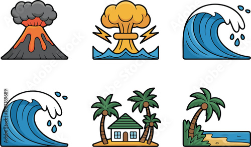 Natural Disaster Vector Icons Volcano, Tsunami, and Tropical Island Scenes