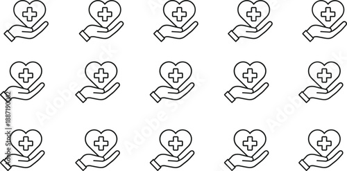 Hand holding heart with medical cross icon repeated pattern for healthcare, wellness, and charity theme - flat vector illustration