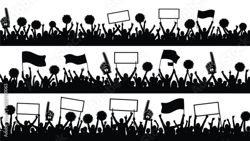 Crowd silhouettes raise many signs and foam fingers.