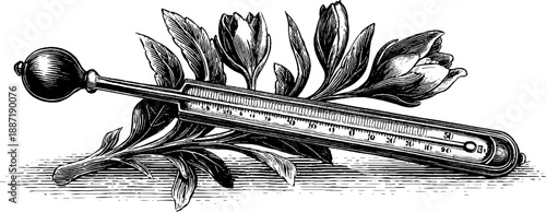 Vintage botanical thermometer illustration with scientific instrument design