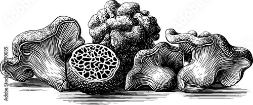 Vintage botanical engraving of truffle fungus cross section from 19th century
