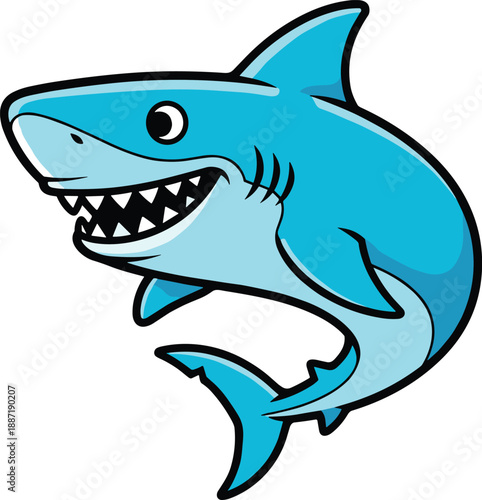 Cartoon shark with wide smile, curved body, and sharp teeth in playful ocean theme - flat vector illustration