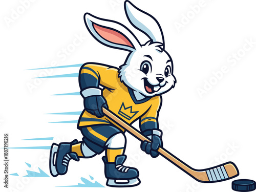 Cartoon rabbit playing hockey icon set, cheerful mascot with puck and motion lines - flat vector illustration