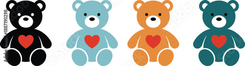 Colorful cartoon teddy bears with red hearts on chest, expressing love and diversity in cute style - flat vector illustration