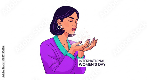 Minimalist Vector of a Woman with Hands Uplifted and International Women's Day Text - Concept of Empowerment and Celebration