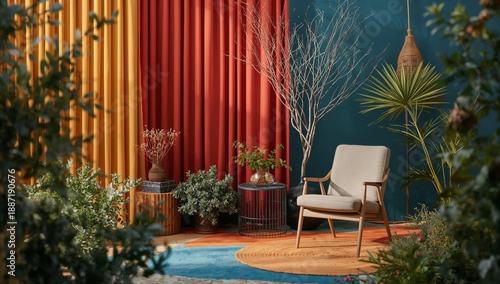 Bright Interior With Chair and Plants in a Room With Colorful Curtains and Green Decor