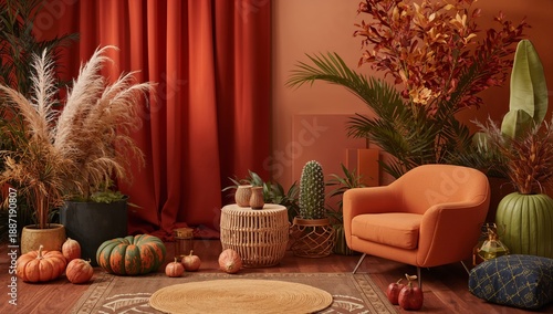 Bright Interior With Chair and Plants in a Room With Colorful Curtains and Green Decor