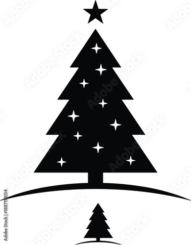 Stylized Christmas tree with white stars on black silhouette for festive holiday design and decoration - flat vector illustration