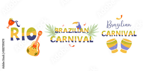 Set of bright inscriptions and stickers for the Brazilian Carnival in a flat style