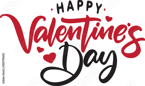 Happy Valentine's Day. Handwritten calligraphic lettering with red hearts