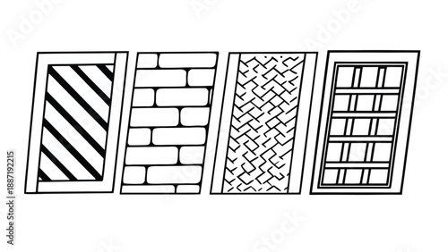 Architectural CAD Hatch Pattern Set of Brick, Wood Parquet, Hexagon and Geometric Tile Patterns Black Outlines
