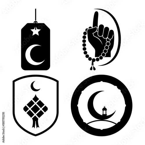 Eid ul Fitr icon set with ketupat badge gift offering hands crescent hanging tag and traditional robe