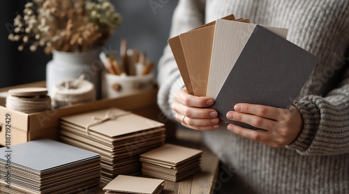 Woman showing corrugated cardboard sample. Handcraft packaging material selection. Paper texture selection for rustic craft project.