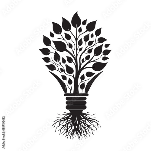 Eco friendly light bulb with tree roots and leaves vector