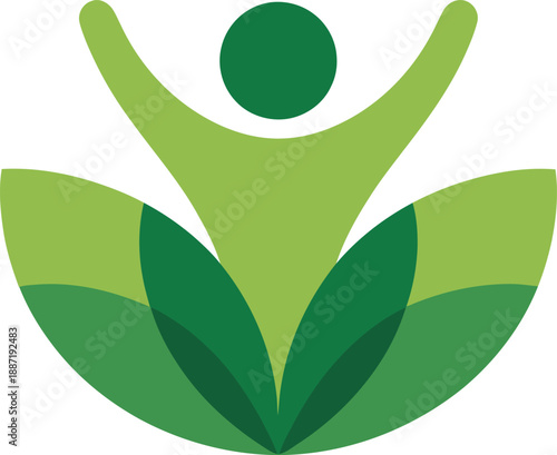 Green human figure emerging from leaves symbolizing growth and harmony with nature eco friendly concept