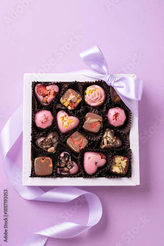 Assorted gourmet chocolates in gift box with ribbon, pink background