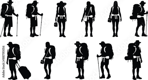 Backpacker traveler silhouette set showing hiking people with backpacks in different poses isolated on white background for adventure travel vector design