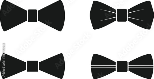 Black bow tie silhouettes collection, elegant fashion accessory icons, classic formal wear symbols, minimal vector set for wedding, business, design