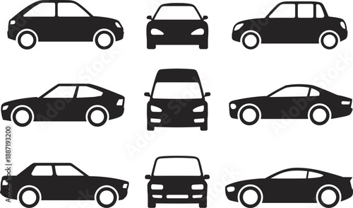 Car silhouette icon set with front and side views, modern automobile vector collection for transport apps, traffic maps, automotive branding design
