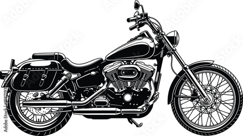 Classic cruiser motorcycle illustration with detailed vintage motorbike side view, black vector design for biker culture, transport, retro and racing themes