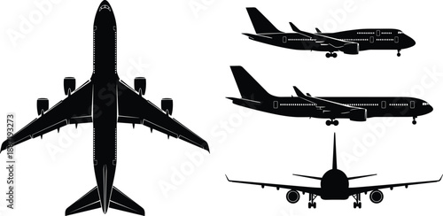 Commercial airplane silhouette set showing top side front rear views isolated on white background for aviation design infographic vector illustration