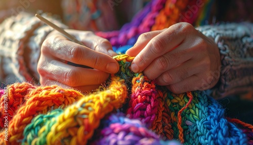 Close-up macro shot of hands crocheting a vibrant rainbow-colored textured blanket using a metal hook, capturing the intricate loops and cozy woolen threads in a soft, warm bokeh background.