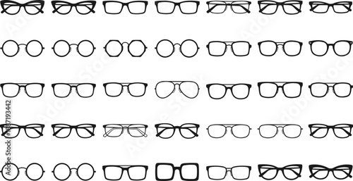 Eyeglasses frame collection line icon set showing various modern optical styles isolated on white background for eyewear shop, fashion vector design