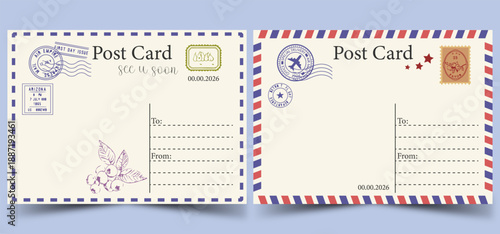 Vintage Postcard Template with Postal Stamps and Airmail Border