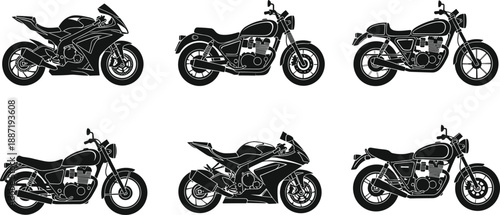 Motorcycle silhouette collection with sport bike and classic motorbike side views, black vector set for racing, transport, automotive and biker design