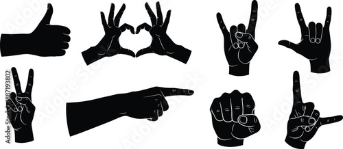 Black silhouette hand gestures collection showing love, peace, rock sign, pointing, thumbs up, and symbolic communication signs