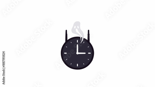 Minimalist black alarm clock with smoke effect on white background.